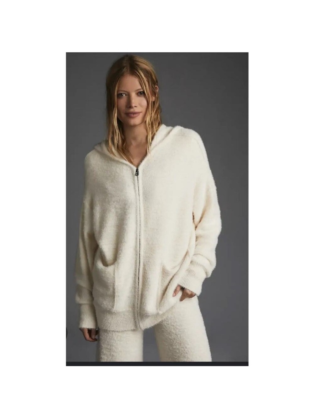 Daily practice cozy fuzzy chenille Plush Cream Hooded Zip Jacket xs/s/m